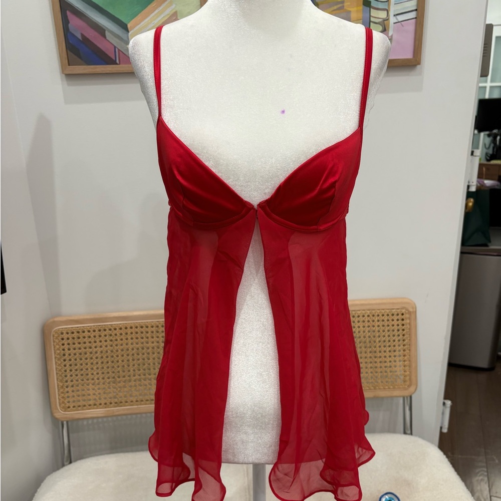 Vintage red satin babydoll top with a front hook and adjustable straps!
